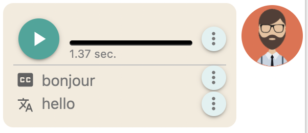 language exchange voice chat bubble with audio play button, live caption of spoken French and inline translation into English